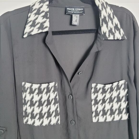 Frank Lyman Shirt 20 Plus Black Houndstooth Trim Sheer Button Drawstring Hem - Picture 1 of 11